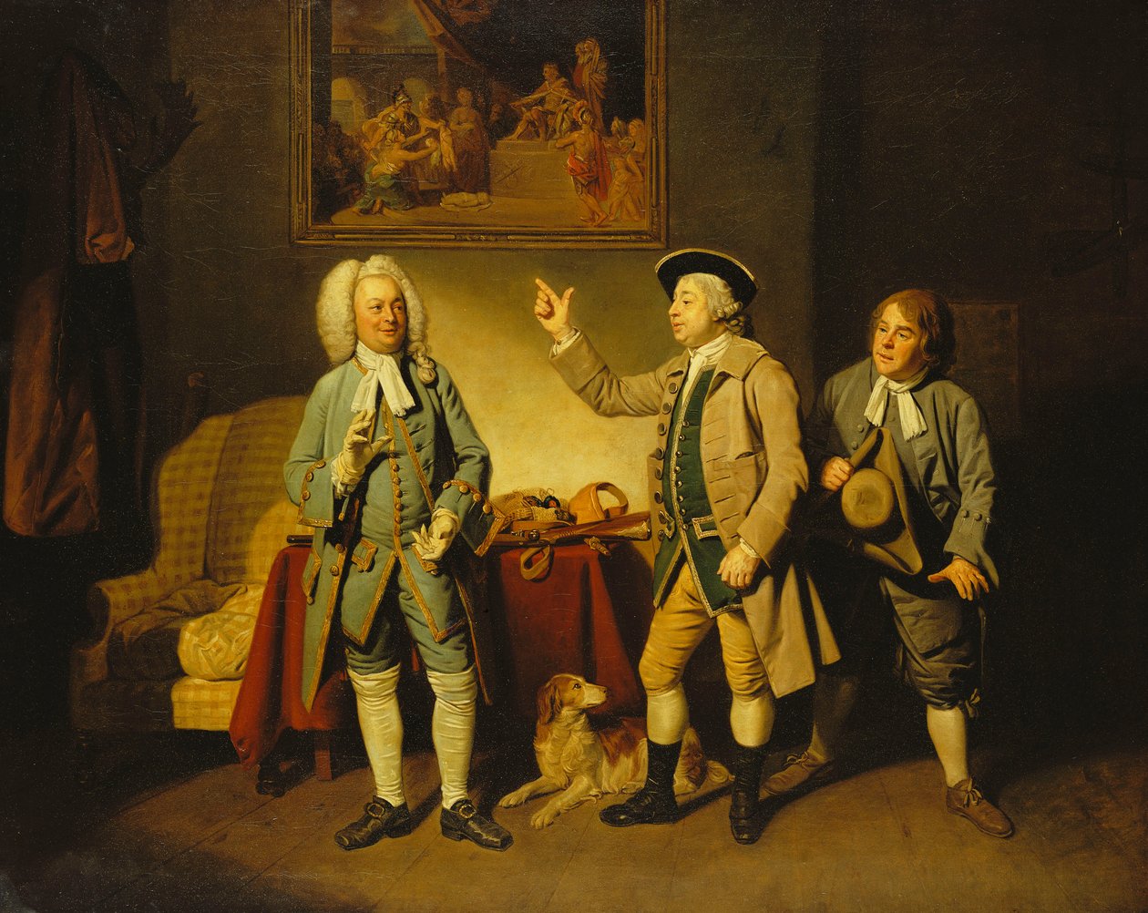 En scen från "Love in a Village" av Isaac Bickerstaffe, akt 1, scen 2, med Edward Shuter som Justice Woodcock, John Beard som Hawthorn och John Dunstall som Hodge, av Johan Joseph Zoffany
