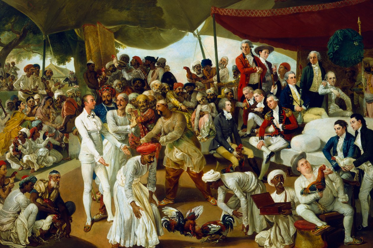 Överste Mordaunt tittar på en tuppkamp i Lucknow, Indien, 1790 av Johan Joseph Zoffany