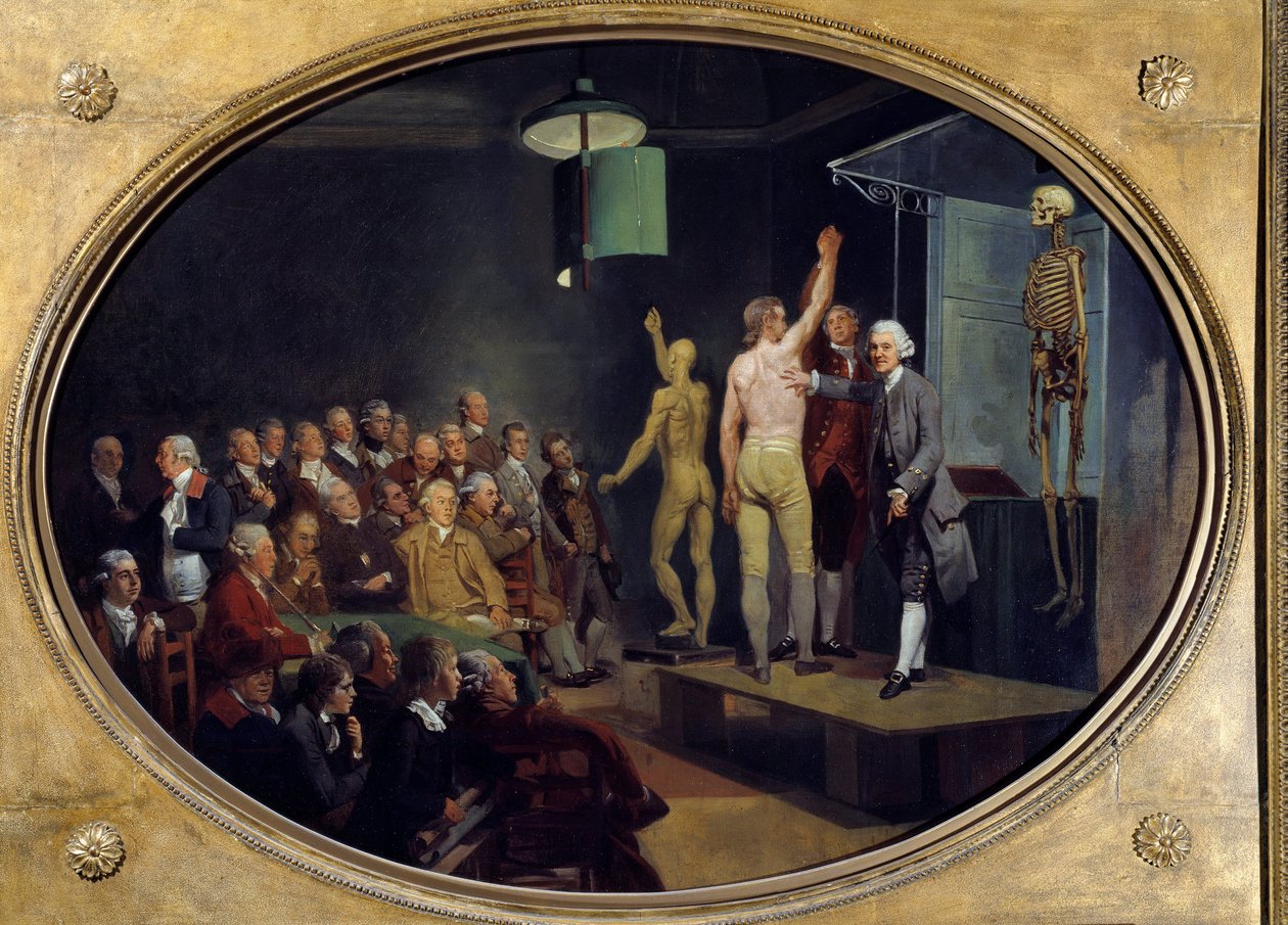 Föreläsning av William Hunter (1718-1783), skotsk anatom vid Royal Academy. Målning av Johann Zoffany (1733-1810) Ec. Ang. av Johann Zoffany