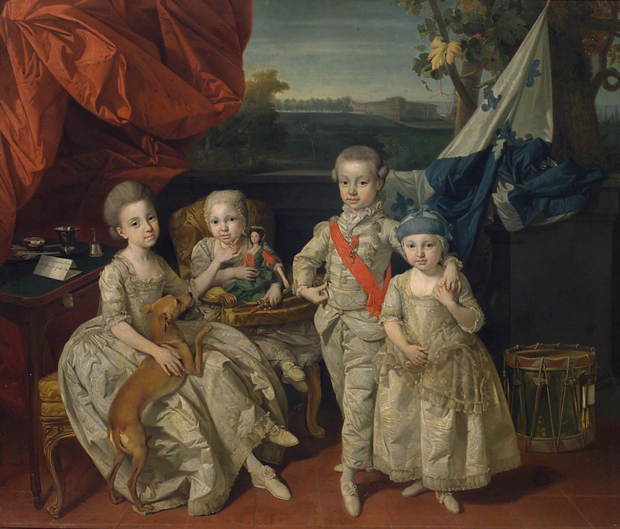 Prins Ludwig av Parma (1773-1803) med sina tre äldsta syskon Karoline (1770-1804), Marie Antonie (1774-1841) och Charlotte (1777-1813) av Johann Zoffany