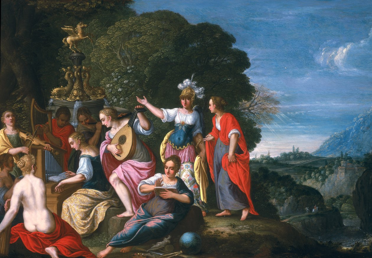Athene and the Nine Muses at the Wells of Hipokrene, 1624 (olja på koppar) av Johann or Hans Konig