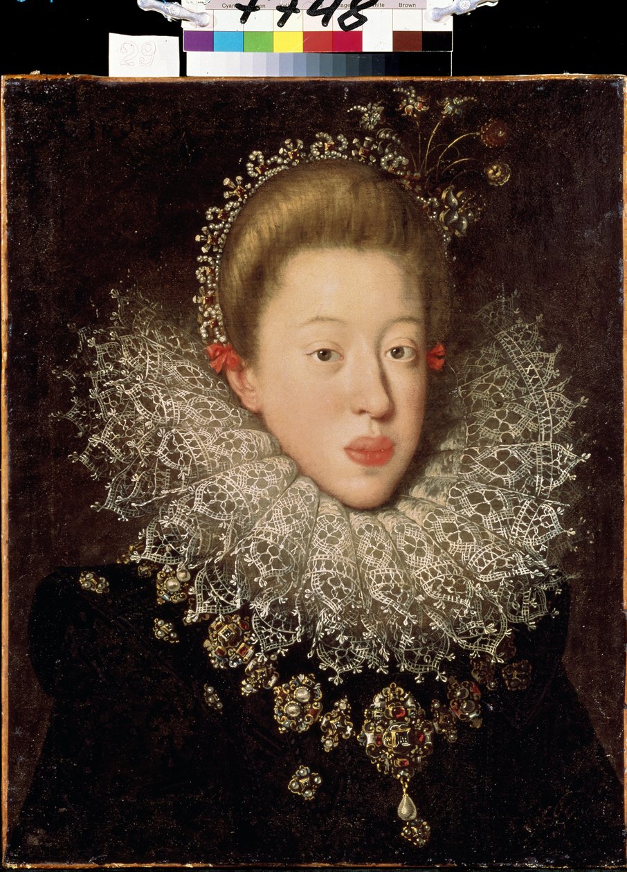 ""Porträtt av Anne av Österrike (1585-1618) (Anne av Habsburg eller av Tyrolen), kejsarinna av det heliga imperiet"" Målning av Hans von Aachen (1552-1615) Början av 1600-talet Lviv, Museum of Fine Arts Arts av Johann or Hans von Aachen