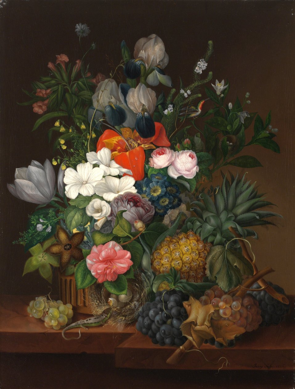 Stilleben med ödla och blommor - Johanna (Jenny) Salm-Reifferscheidt (nee Comtesse Pachtova) (1780-1857). olja på duk av Johanna Salm Reifferscheidt