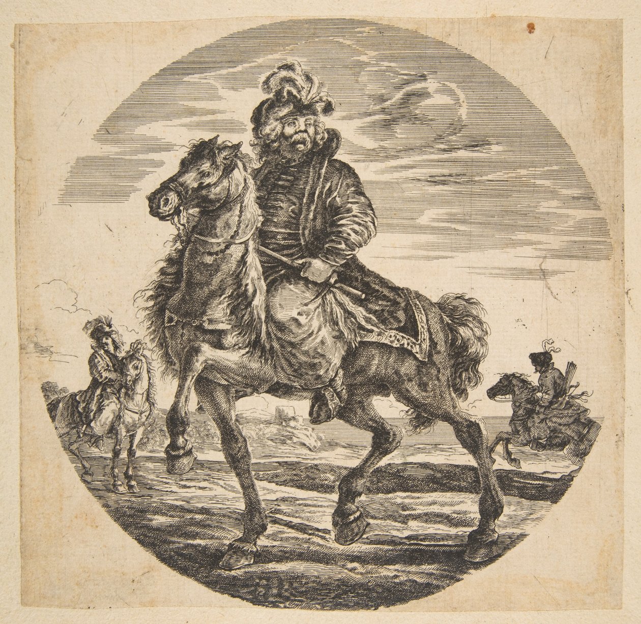 Ungersk ryttare ridande till vänster, andra ryttare i bakgrunden, en cirkulär c....n.d. av Johanna Christina Küsel