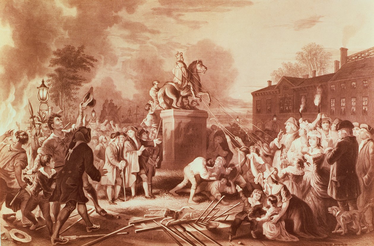 Att riva statyn av George III i Bowling Green 1776, graverad av John C. McRae av Johannes Adam Simon Oertel