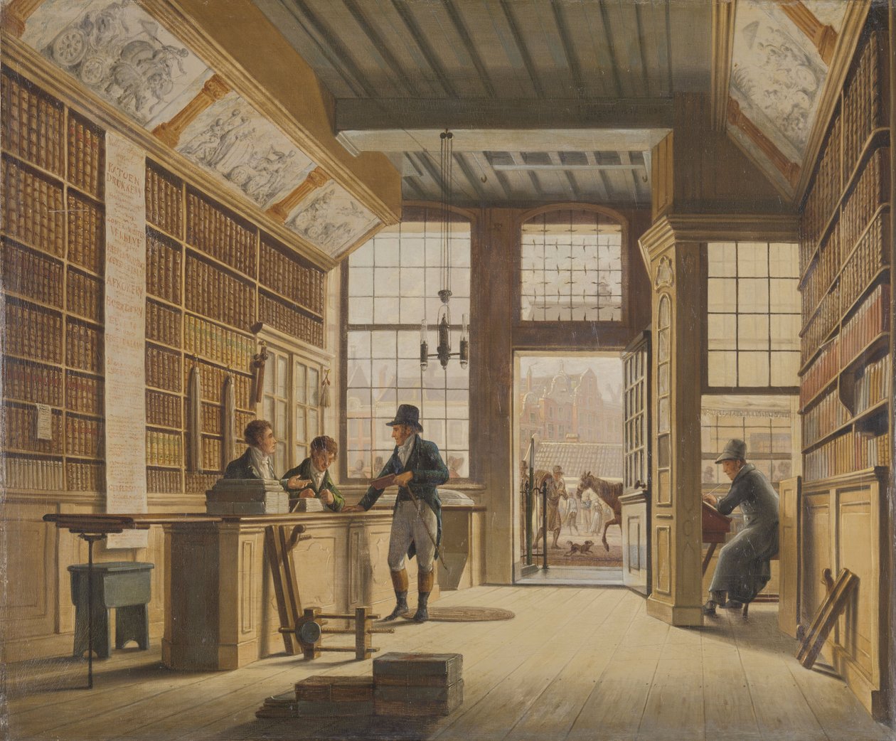 Bokhandlarens butik Pieter Meijer Warnars på Vijgendam i Amsterdam, 1820 av Johannes Jelgerhuis