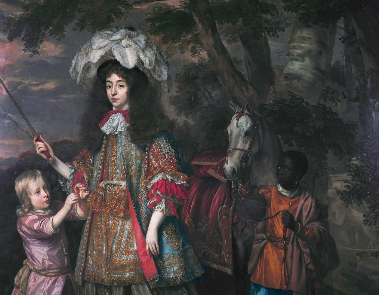 Porträtt av Maria av Oranien (1642-1688) med Hendrik van Zuijlestein (d. 1673) och en tjänare. av Johannes Mytens