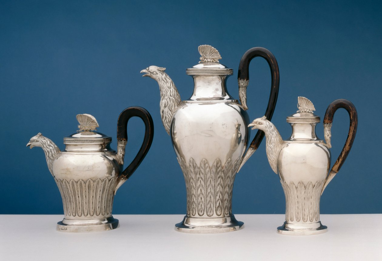 Tre tekannor, 1811-20 (silverträ) av Johannes Ostheim