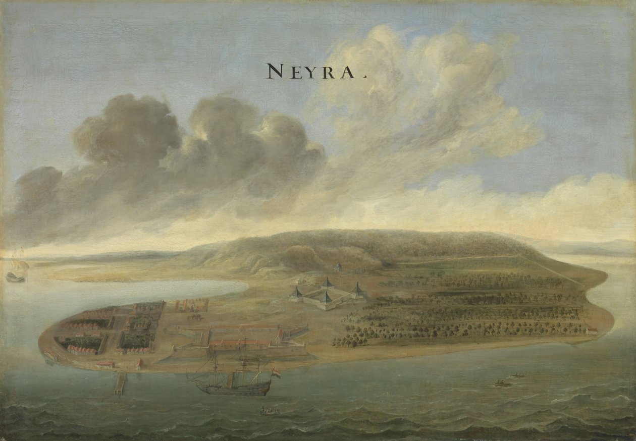 Nederländska Ostindiska kompaniets handelsstation i Banda Neira på södra Moluckerna, ca 1662-3 av Johannes Vinckeboons