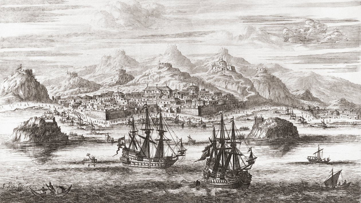 Holländska skepp framför Muscat, Oman på 1600-talet (tryck) av Johannes (after) Kip