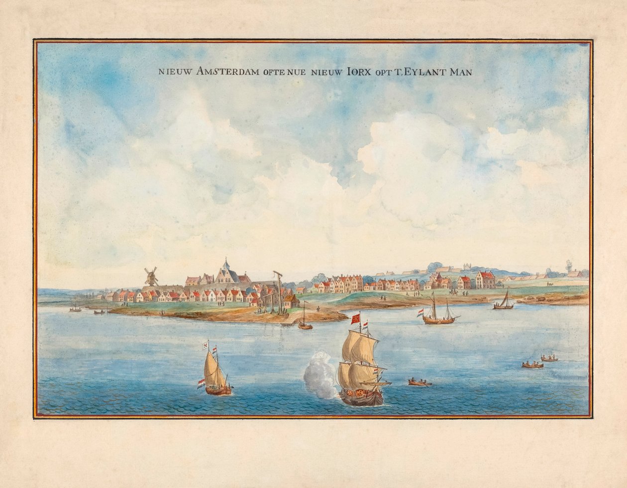 New York från havet på 1600-talet. av Johannes (after) Vingboons
