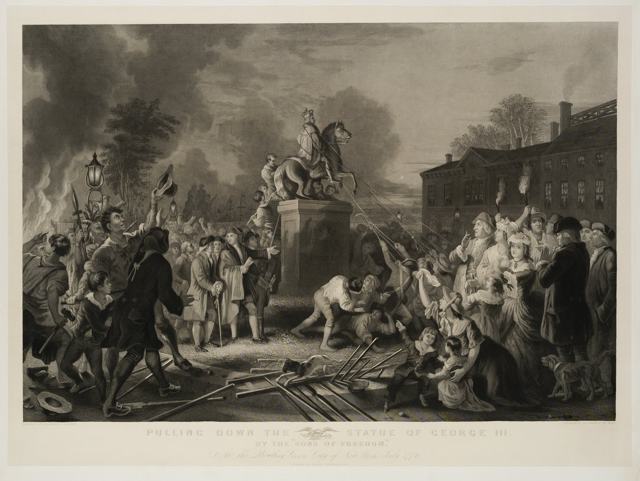 Dra ner statyn av George III, av Sons of Freedom, vid Bowling Green, City of New York, juli 1770, graverad av John C. McRae, efter 1853 av Johannes Adam Simon Oertel