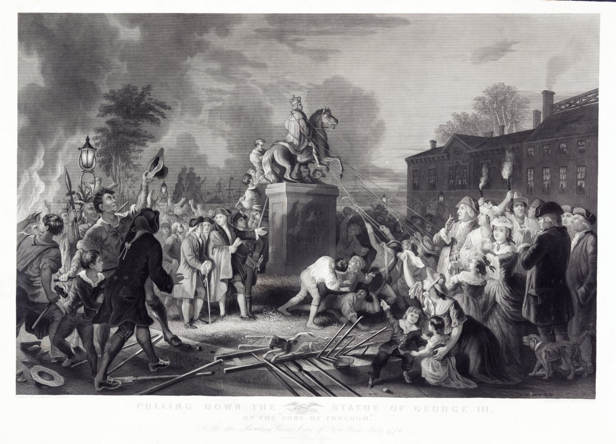 Dra ner statyn av George III av Sons of Freedom, på Bowling Green, City of New York, juli 1776, pub. 1875 av Johannes Adam Simon after Oertel