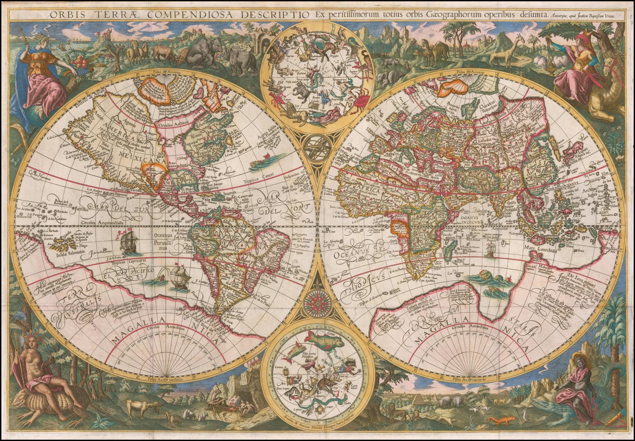1596 års världskarta - Orbis Terrae Compendiosa Descriptio Ex peristissimorum totius orbis Gaeographorum operibus desumpta av Johannes Baptista Vrints