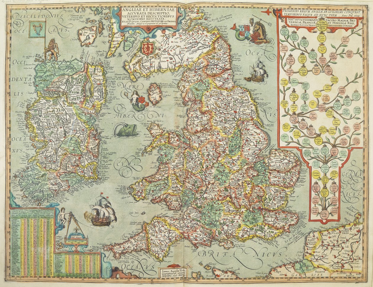 Karta över England och Irland ritad 1606 (färgad gravyr) av Johannes Baptista Vrints
