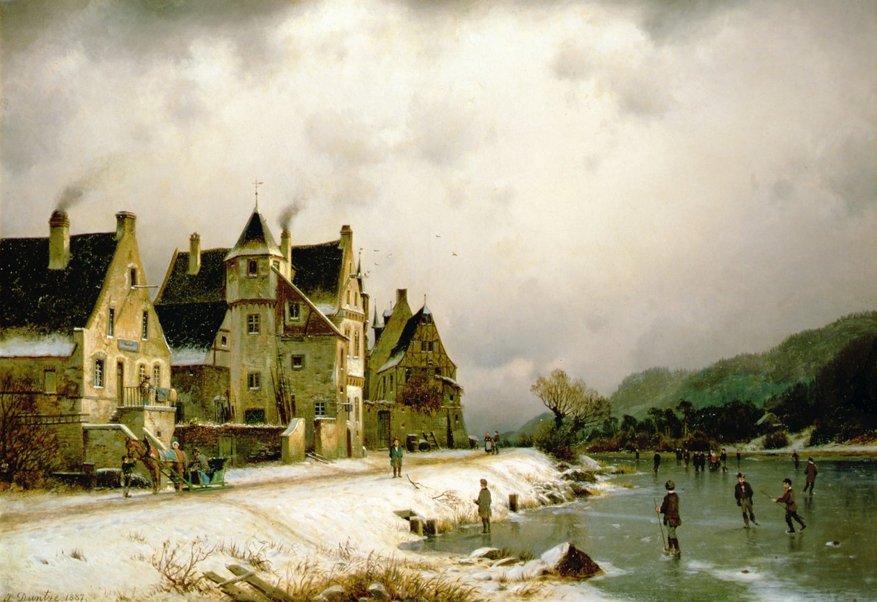 Ett vinterflodlandskap med konståkning på isen vid en by (olja på duk) av Johannes Bartolomaus Duntze