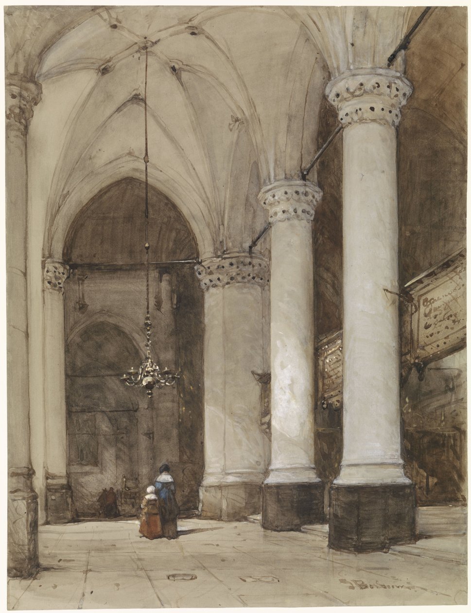 Södra gången av den stora kyrkan i Haag Södra gången i Grote Kerk i Haag, med 1600-talsfigurer av Johannes Bosboom