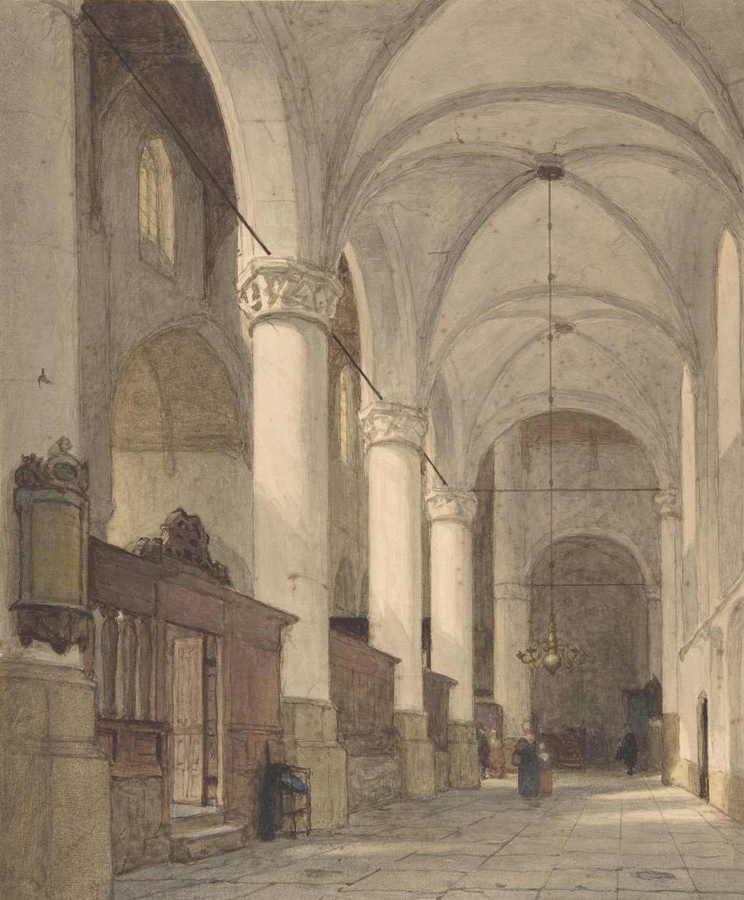 En kyrkas välvda sidogång, med figurer, 1800-talet. av Johannes Bosboom