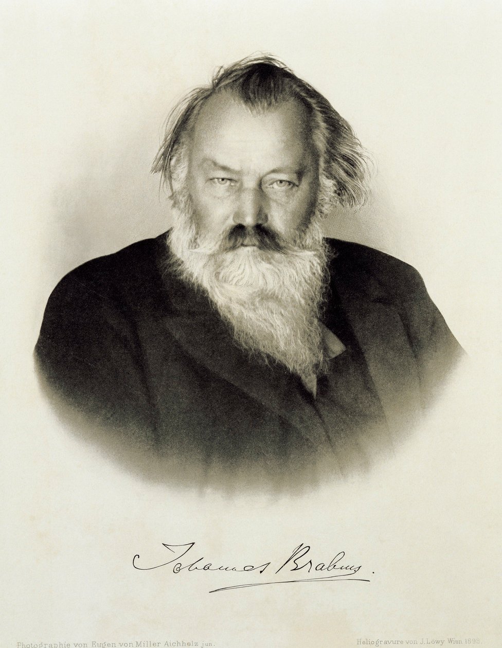 Tyskland, graverat porträtt av den tyske kompositören, pianisten och dirigenten Johannes Brahms av Johannes Brahms