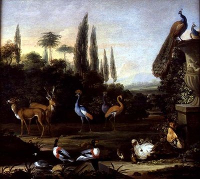 Ett parklandskap med rådjur och exotiska fåglar, ca 1710 (olja på duk) av Johannes Bronckhorst