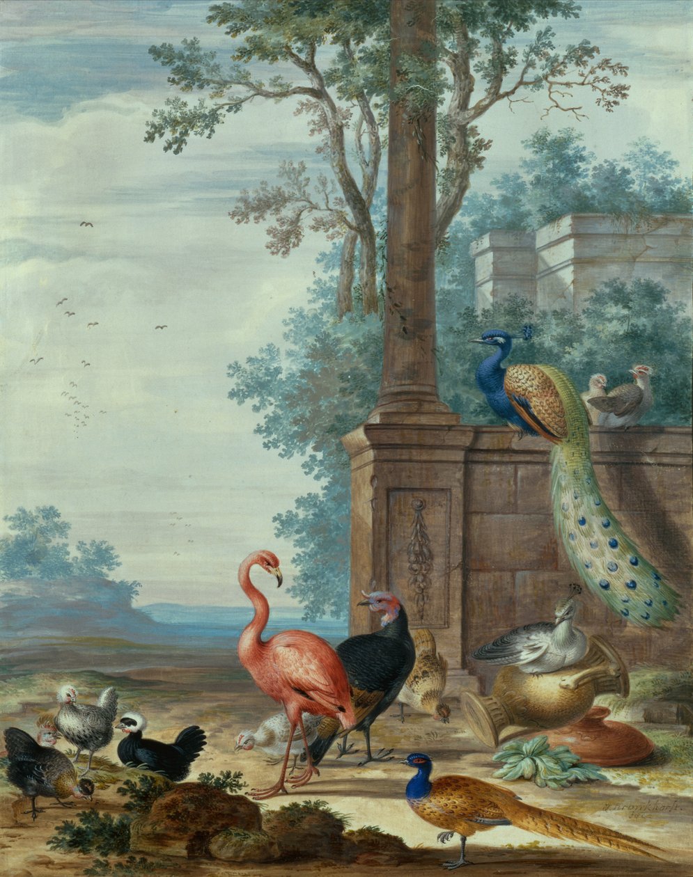 Ett italienskt landskap med en påfågel, fasan, flamingo och andra fåglar (gouache) av Johannes Bronckhorst