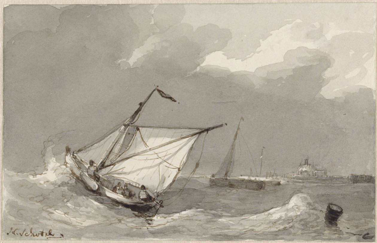 Fiskebåt på ett hackigt hav, med en by framför sig av Johannes Christiaan Schotel