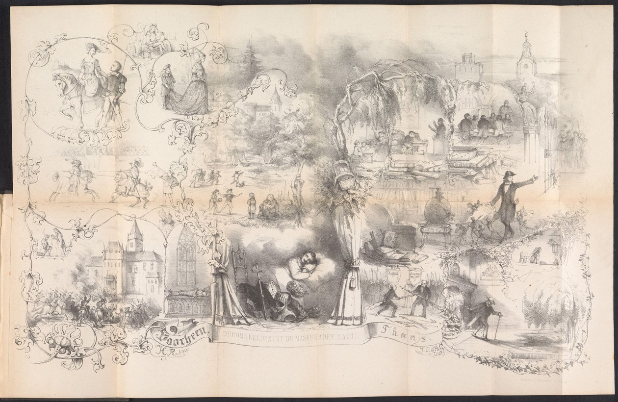 Tecknad i Leiden studentalmanacka, 1856 Drömmar från maskeradnatten (titel på objekt) av Johannes Christiaan d