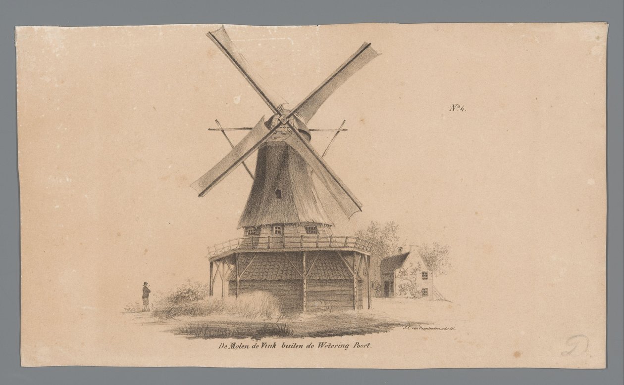 Vy över väderkvarnen De Vink utanför Weteringpoort Windmill de Vink utanför Wetering Poort (titel på objekt) av Johannes Cornelis van Pappelendam