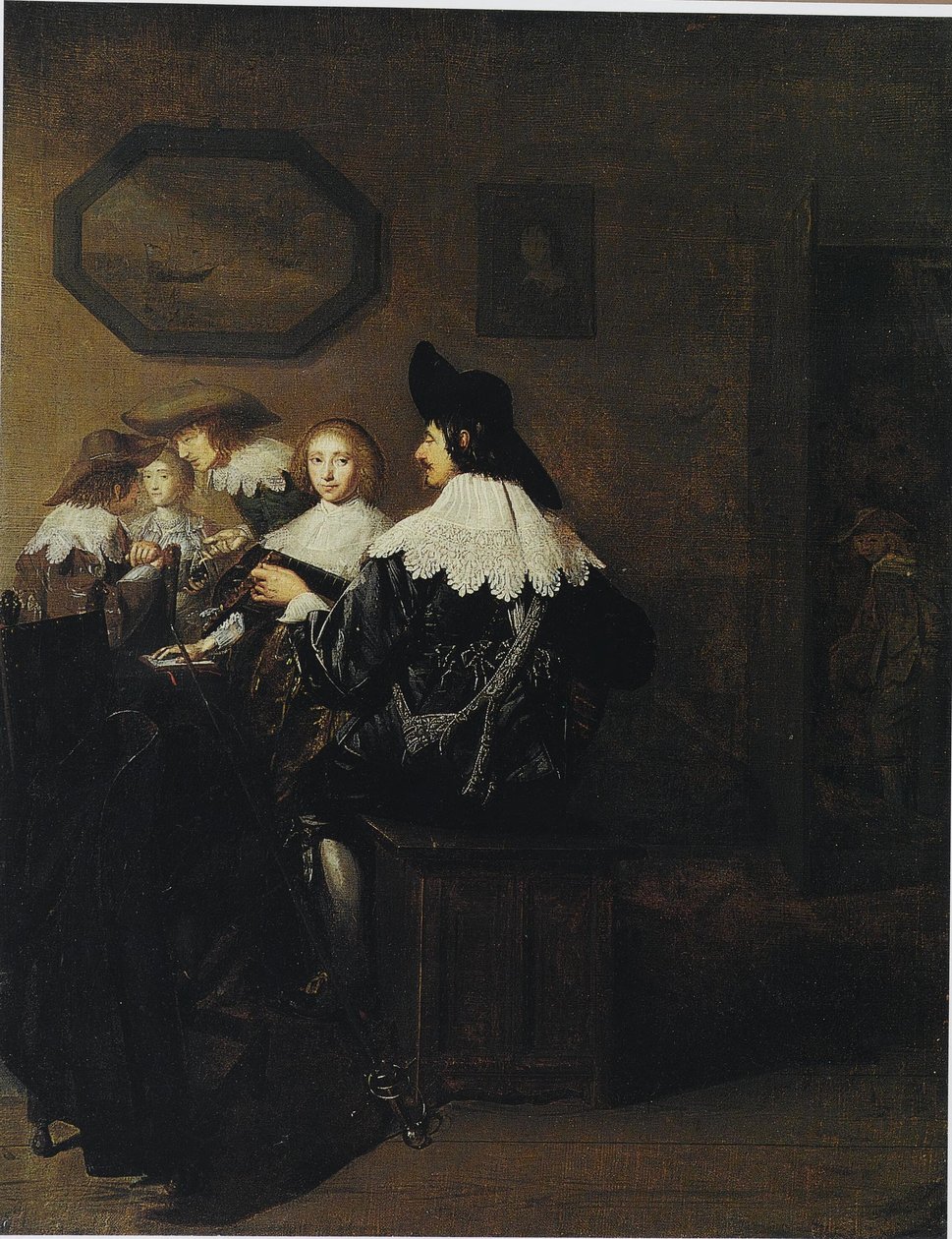 Företag med en man som spelar luta, sittande vid ett bord av Johannes Cornelisz Verspronck