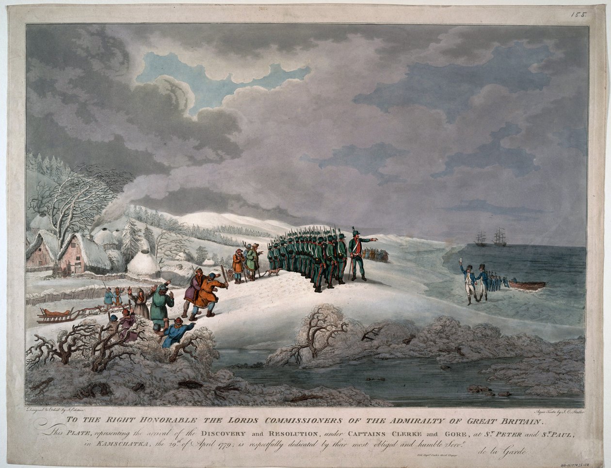 Ankomsten av resolutionen och upptäckten på Kamtjatkas östkust under kaptenerna Charles Clerke (1740-1779) och John Gore (mort en 1790) - Eckstein, Johannes (1735-1817) - 1779 - Akvatint - 51x65,8 - Privat samling av Johannes Eckstein