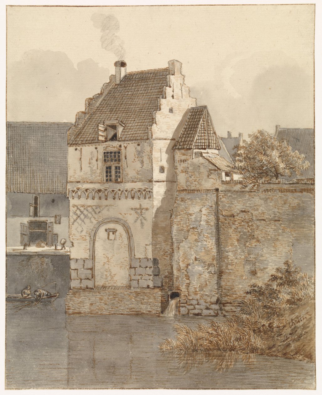 Utsikt över Bottelpoort vid Oude Haven i Nijmegen av Johannes Franciscus Christ
