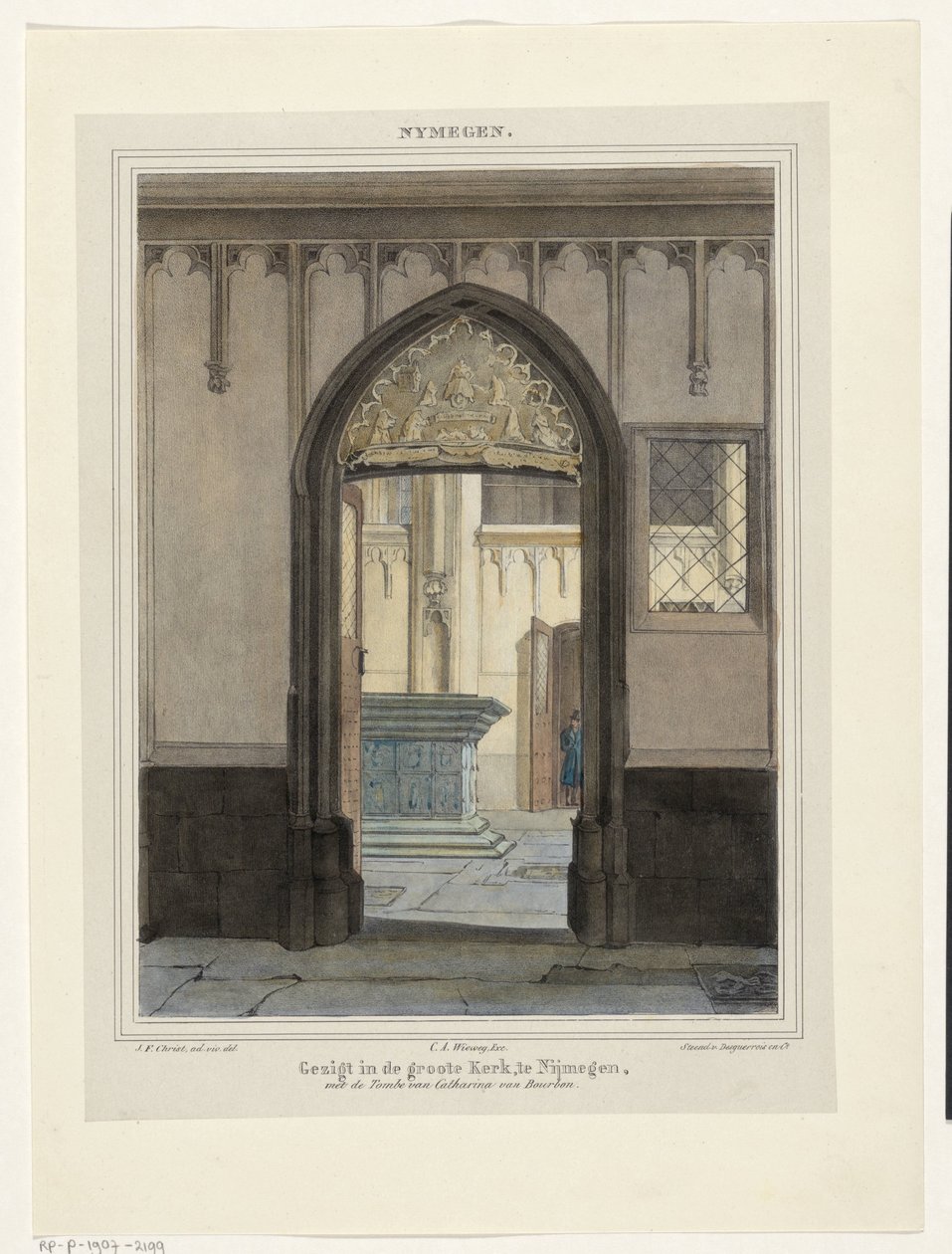 Utsikt över graven i Stevenskerk i Nijmegen Utsikt i Grote Kerk, i Nijmegen, med Katarina av Bourbons grav. (titel på objekt) Nymegen. (serietitel på objekt) av Johannes Franciscus Christ