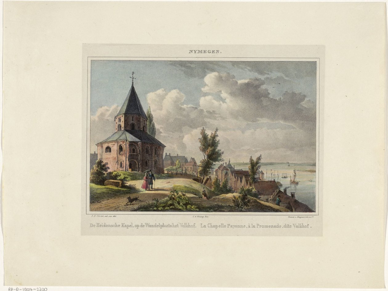 Sint-Nicolaas kapell i Nijmegen Den Hedensche Kapel, på Valkhof promenadplats. La Chapelle Payenne, à la Promenade, denna Valkhof (titel på objekt) Nymegen. (serietitel på objekt) av Johannes Franciscus Christ