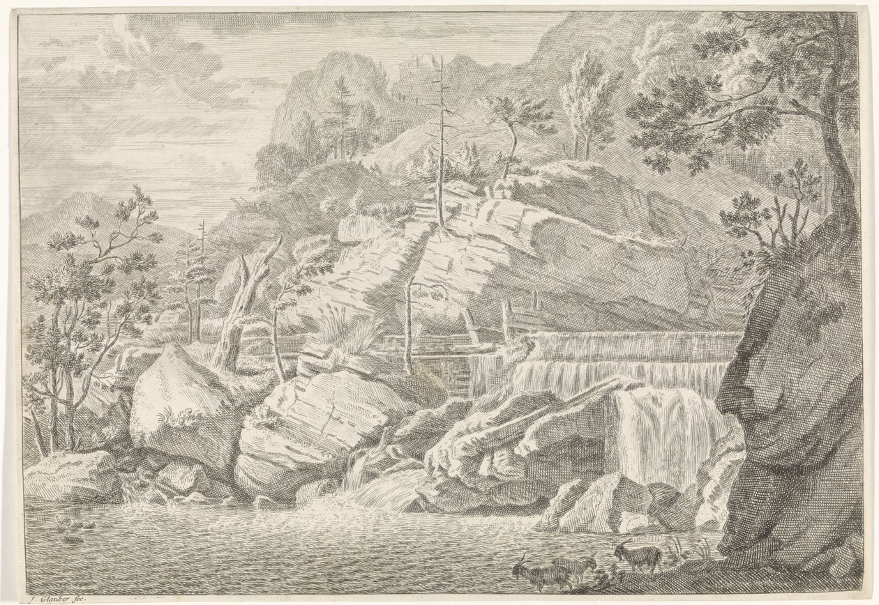 Utsikt över det stora vattenfallet i Chartreuse Landskap i Chartreuzerbergen (serietitel) av Johannes Glauber