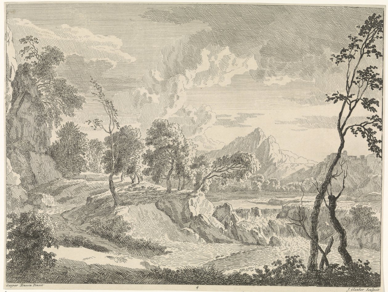 Kuperat landskap med vattenfall Landskap efter Gaspar Poussin (serietitel) av Johannes Glauber