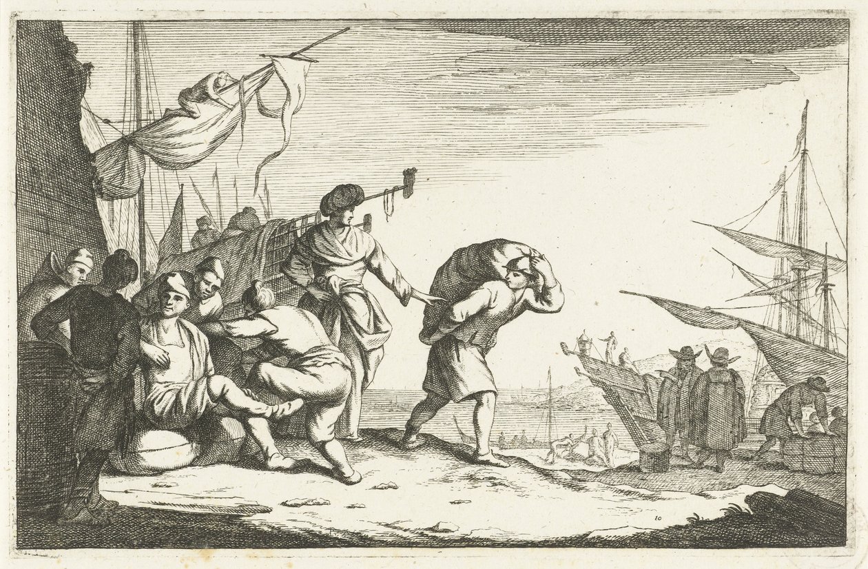Hamn med samtalande köpmän Italienska hamnar (serietitel) Aliqui Portus (serietitel) av Johannes Gronsveld