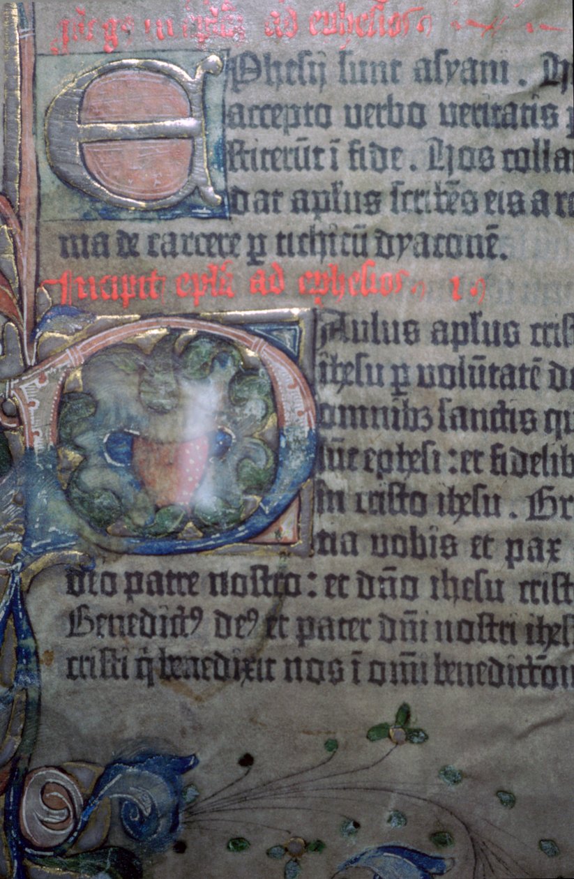 Detalj från Gutenbergbibeln från 1400-talet, av invigningen av Efesierbrevet av Johannes Gutenburg