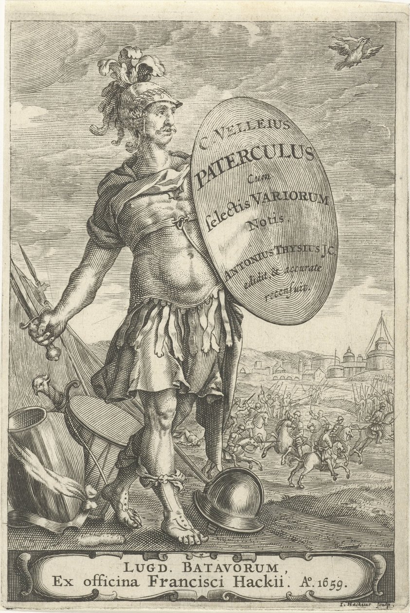 Romeinse krijgsman voor een slagveld Titelsida för Caius Velleius Paterculus cum Selectis Variorum Notis, 1659 av Johannes Hackius