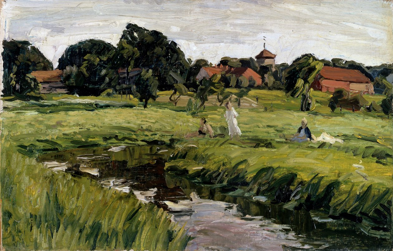 "Children at a Creek", sent 1800- eller 1900-tal. av Johannes Hansch