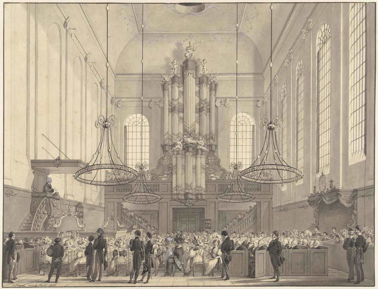 prof. van der Palm predikade i den lutherska kyrkan i Haag för kungafamiljen, 1828 av Johannes Hari (I)
