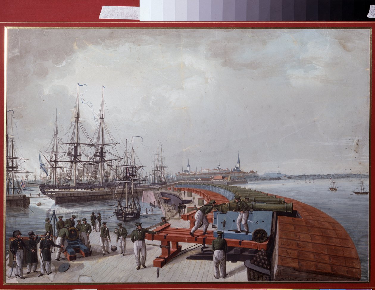 View of Reval (nuvarande Tallinn (Tallin), i Estland), hamnen och artilleriet vid den ryska kusten (View of Reval, The Harbour and the Russian Coast Artillery). Verk av Johannes Hau (1771-1838), akvarell på papper av Johannes Hau