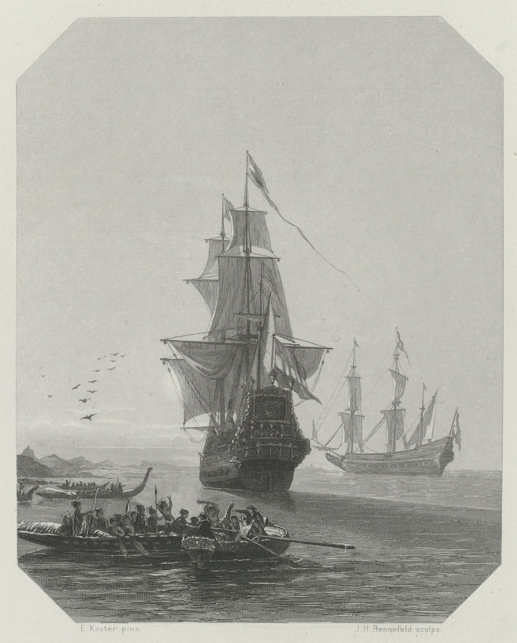 Abel Tasmans ankomst till Nya Zeeland, 1642-1643, ca 1865 av Johannes Heinrich Maria Hubert Rennefeld