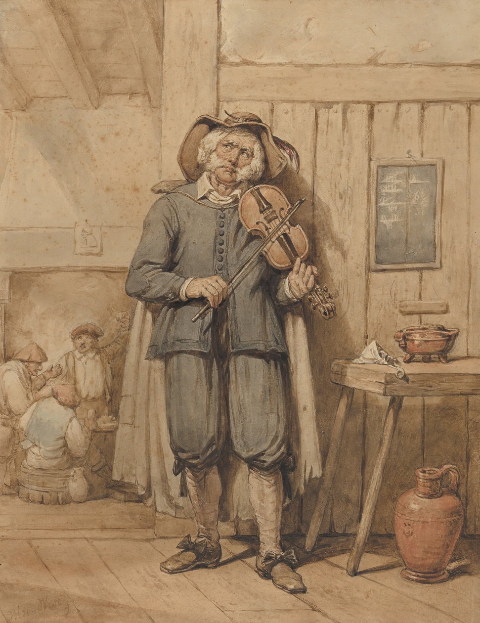 En spelman på en krog, med tre män i bakgrunden, mitten av 1800-talet. av Johannes Hendrik van West