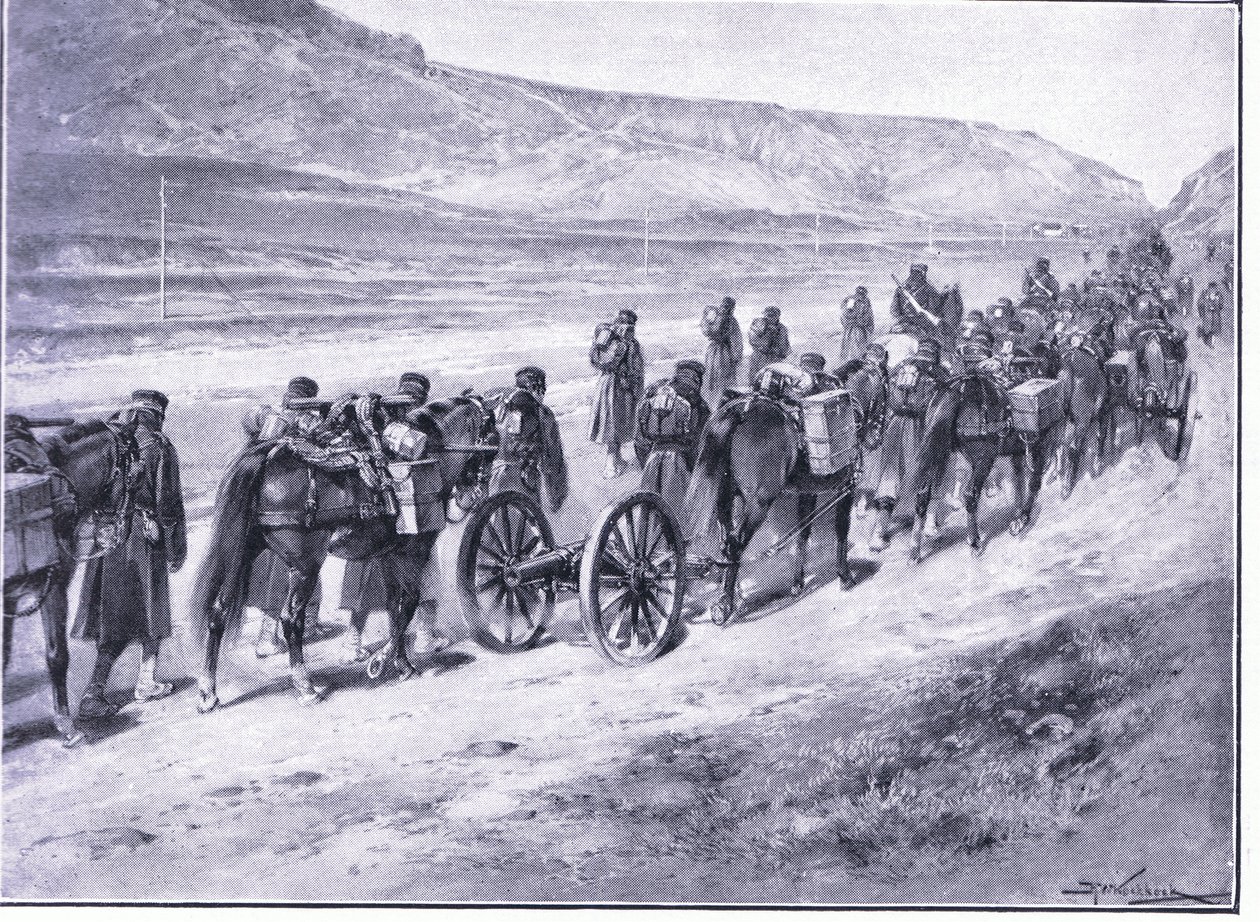 Ett batteri av fältvapen på väg till Ichon, illustration från Cassells History of the Russo-Japanese War Vol 1, c.1900 av Johannes Hermann Barend Koekkoek