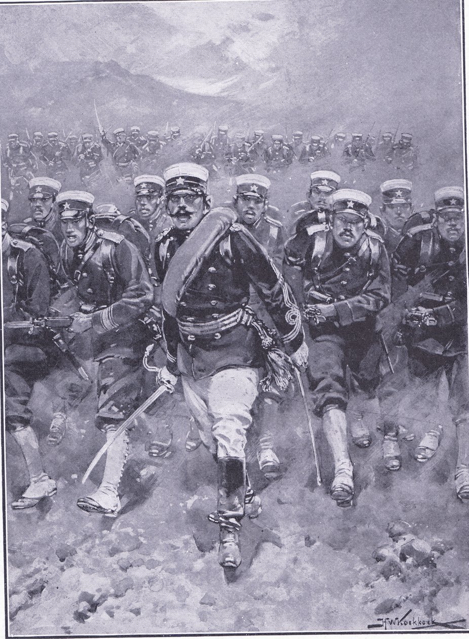 En laddning av det japanska infanteriet, illustration från Cassells History of the Russian-Japanese War Vol 1, c.1900 av Johannes Hermann Barend Koekkoek