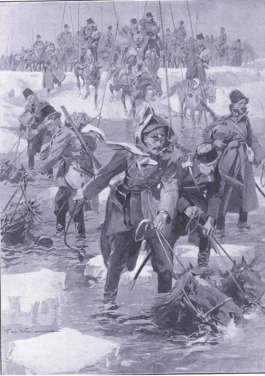 En bedrift av ridning. Ryskt kavalleri som korsar en flod, illustration från Cassells History of the Russian-Japanese War Vol 1, c.1900 av Johannes Hermann Barend Koekkoek