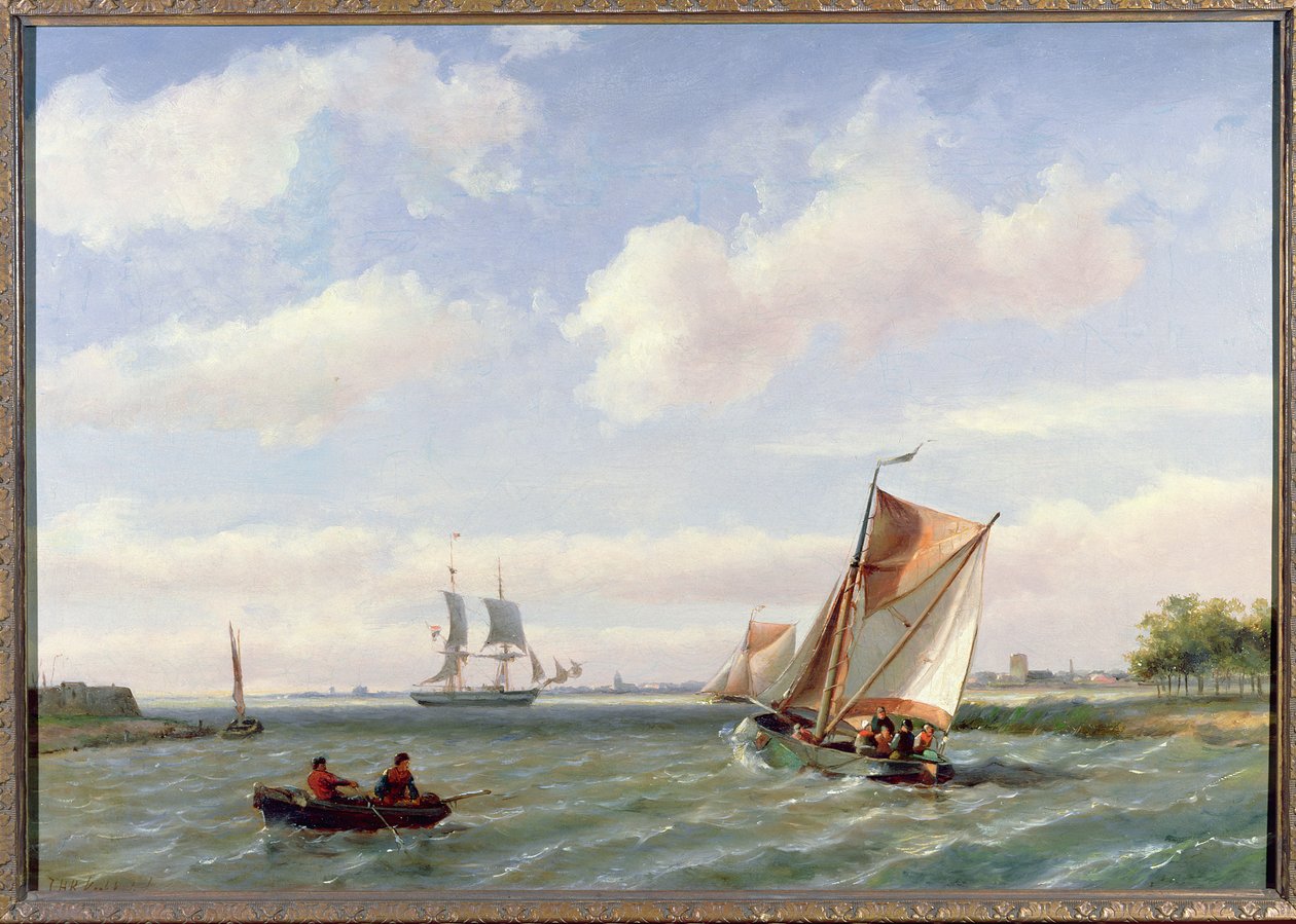 Fiskebåt i en mynning av Johannes Hermann Barend Koekkoek
