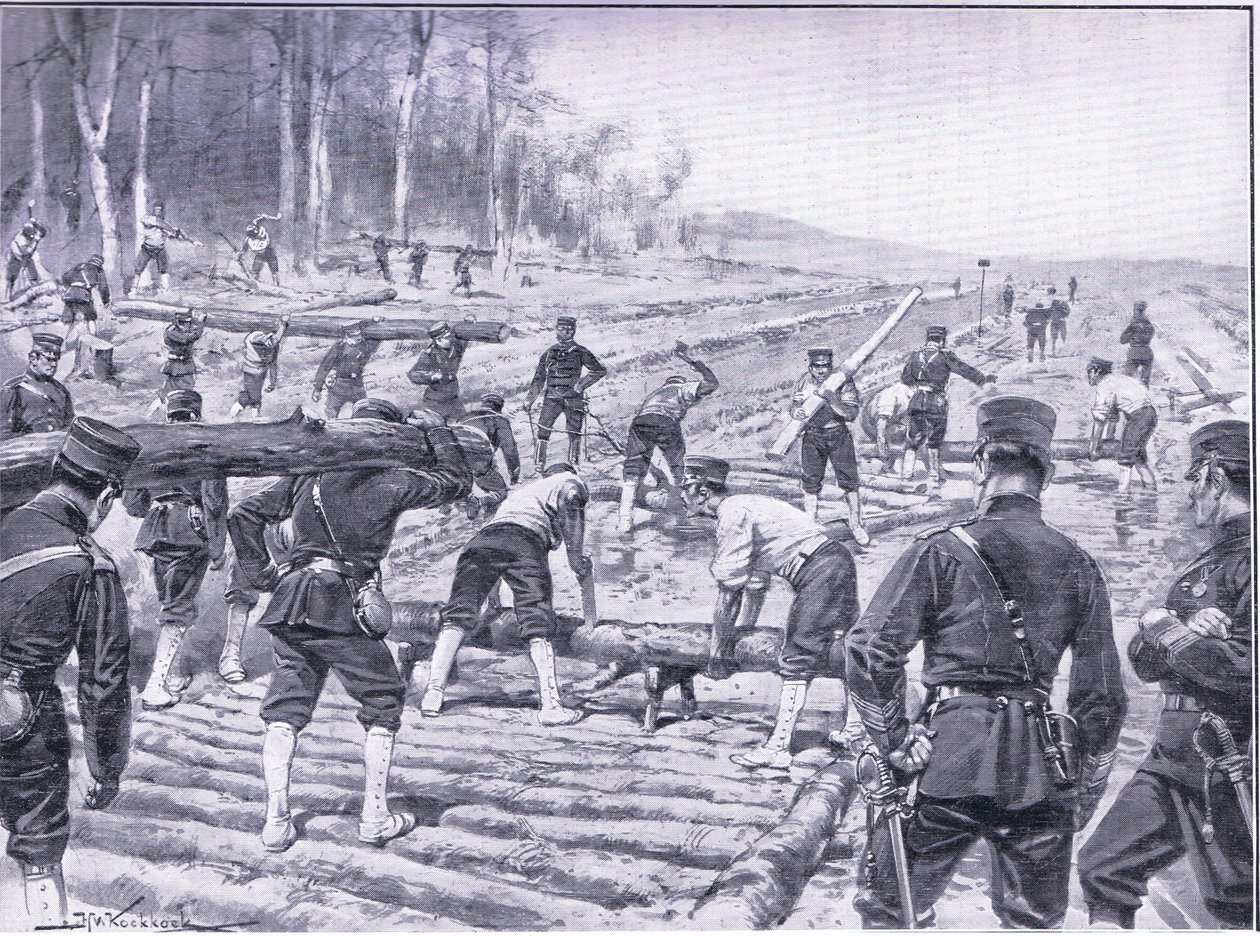 Japanska ingenjörer som bygger en timmerväg för trupper, illustration från Cassells History of the Russian-Japanese War Vol 1, c.1900 av Johannes Hermann Barend Koekkoek