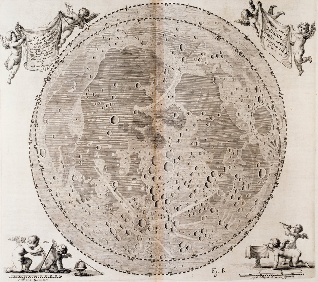 Första detaljerade karta över månen tecknad 1647 av Johann Hevelius, tryck hämtat från Johann Hevelius (1611-1687) himmelsatlas Selenographia sive Lunae descriptio, Gdansk av Johannes Hevelius