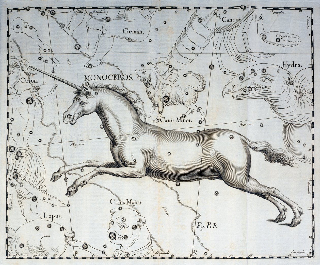 Monoceros, enhörningens stjärnbild, gravyr från den himmelska atlasen Firmamentum Sobiescianum sive Uronographia, av Johann Hevelius (1611-1687), Gdansk av Johannes Hevelius